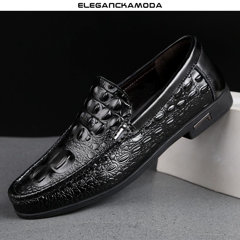 męskie mokasyny wzór krokodyla buty wyjściowe prawdziwej skóry business casual wygodny czarny