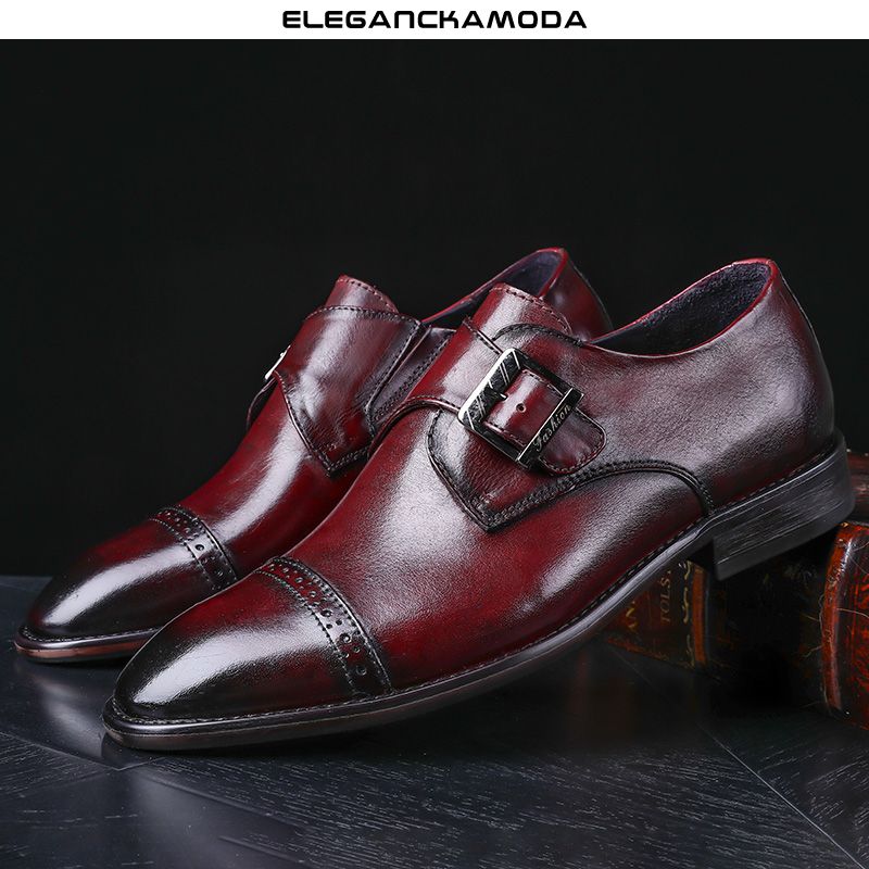 modne męskie buty brock monk shoes skórzane buty derby business dress shoes wine red