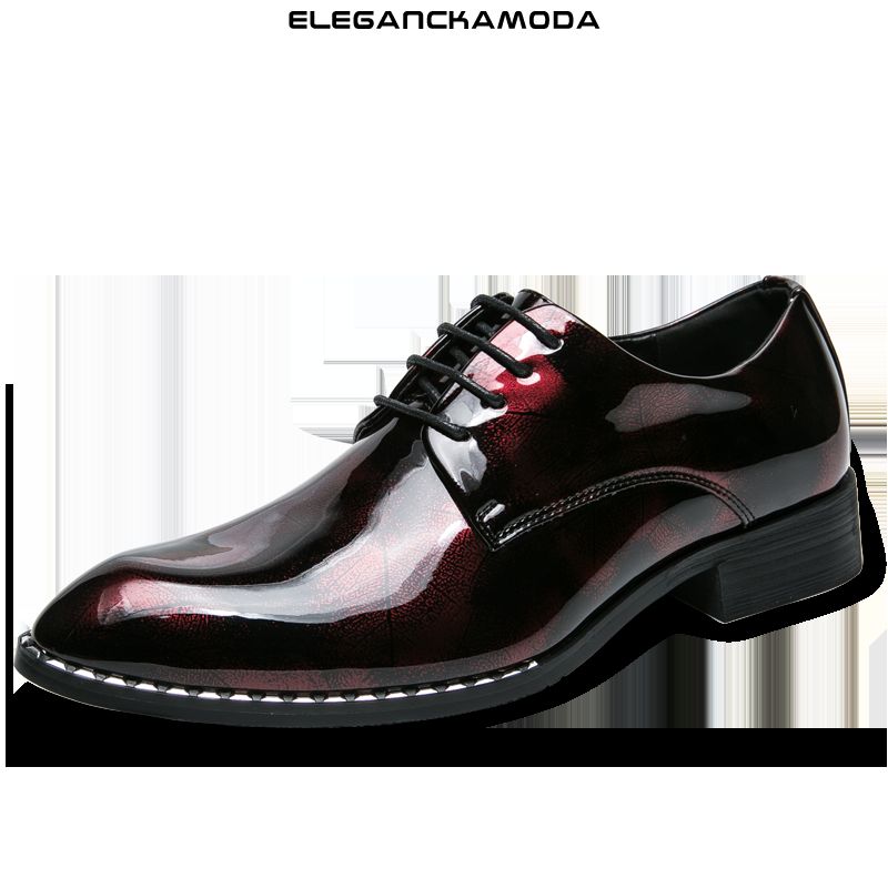 modne męskie buty derby business dress shoes pointed patent red