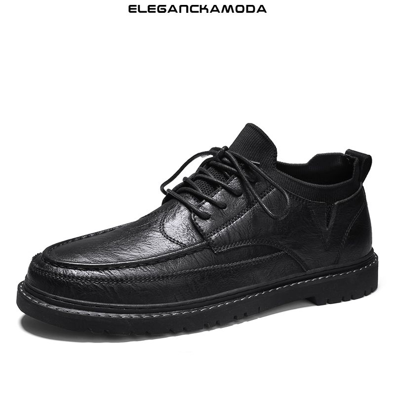 modne męskie buty derby casual business dress shoes dzianinowy kołnierz czarny