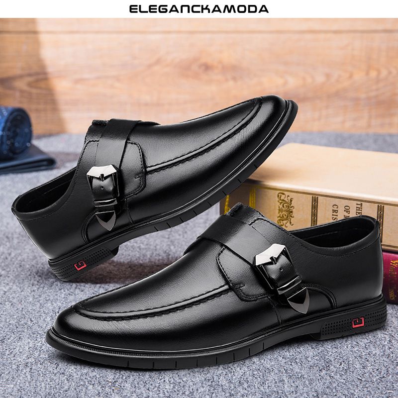modne męskie buty z klamrą skórzane biznesowe buty wyjściowe casual wygodne czarne