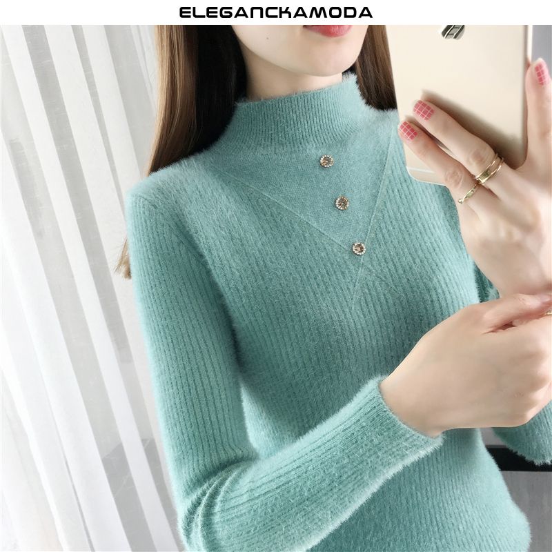 modny damski sweter luksusowy slim prosty zielony