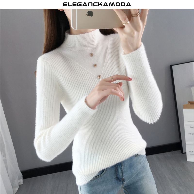 modny damski sweter luksusowy slim prosty zielony