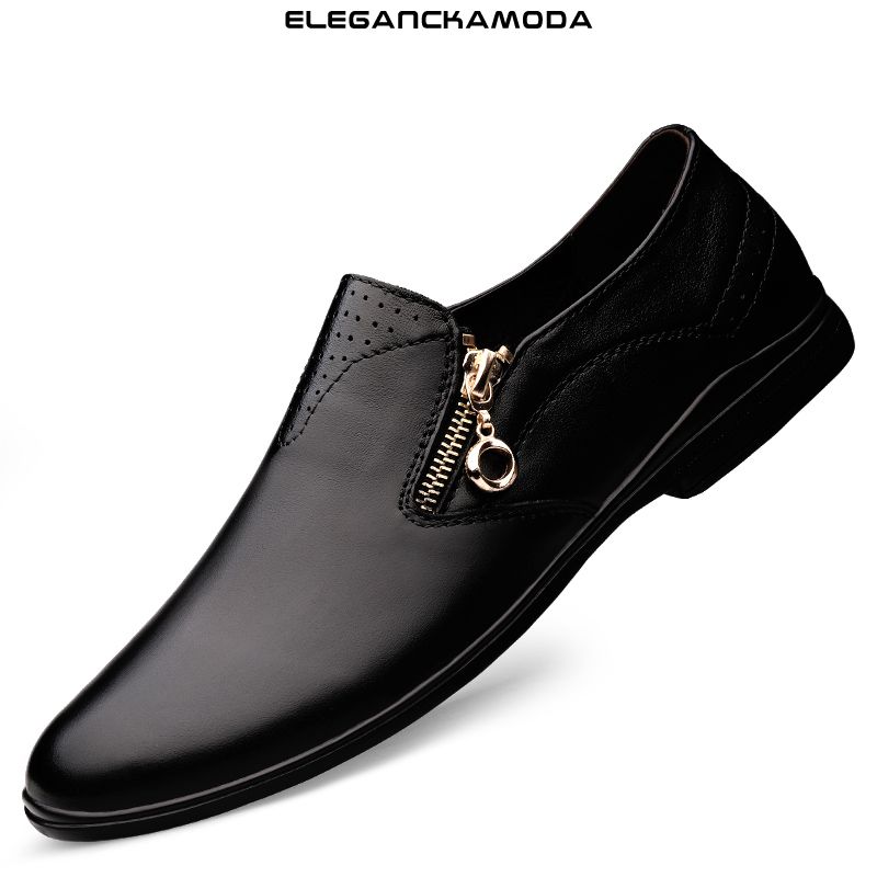skórzane męskie buty wizytowe codzienne mokasyny zamek błyskawiczny wygodne do jazdy i podróży w kolorze czarnym