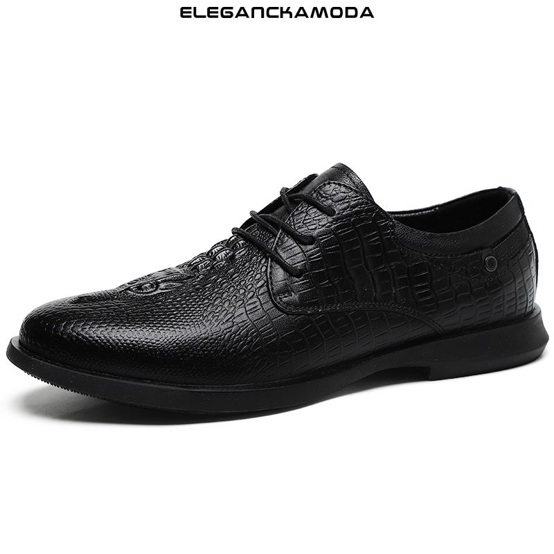trend męskie skórzane buty derby wzór krokodyla biznesowe buty wizytowe skóra bydlęca czarna